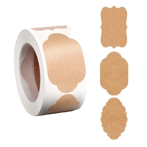 Set 300 de etichete autoadezive, trei modele, EBA, pentru cadouri, sticle, recipiente si borcane, 3 x 5 cm, Hartie kraft, Maro - Img 4