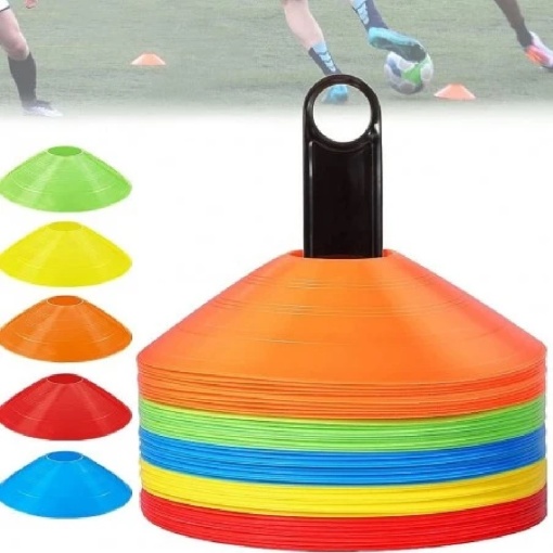 Set 50 jaloane tip con, EBA, pentru antrenamente sportive, PVC flexibil multicolor, cu suport si Geanta din plasa, Multicolor - Img 3