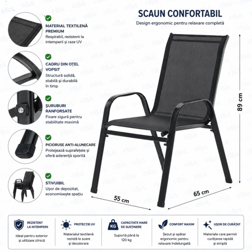 Set Mobilier Gradina si Balcon 2 Scaune + Masa cu Sticla Securizata, Cadru Otel Vopsit Electrostatic, Scaune Suprapozabile, Textilena Premium, Rezistent Exterior, Negru, Terasa Curte Cafenea - Img 3