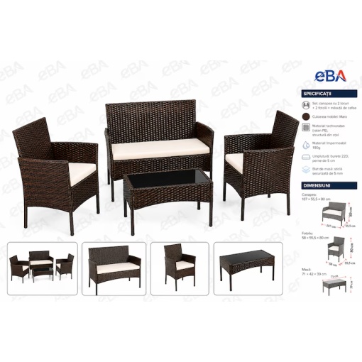 Set Mobilier Terasa si Gradina Technoratan Premium Maro, Canapea 2 Locuri + 2 Fotolii + Masa Cafea cu Sticla Securizata, Mobilier Exterior pentru Balcon Curte si Foisor - Img 3