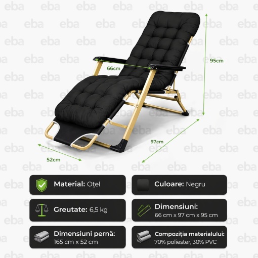 Sezlong pliabil reglabil cu perna groasa 6 cm, cadru otel, confort premium exterior, negru cu rama aurie, terasa, gradina, plaja, camping – EBA - Img 2