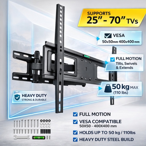 Suport TV Profesional Extensibil 25–70", Otel Ranforsat, 50 kg, VESA 400x400, Rotire 180°, Nivela si Accesorii Incluse - Img 2