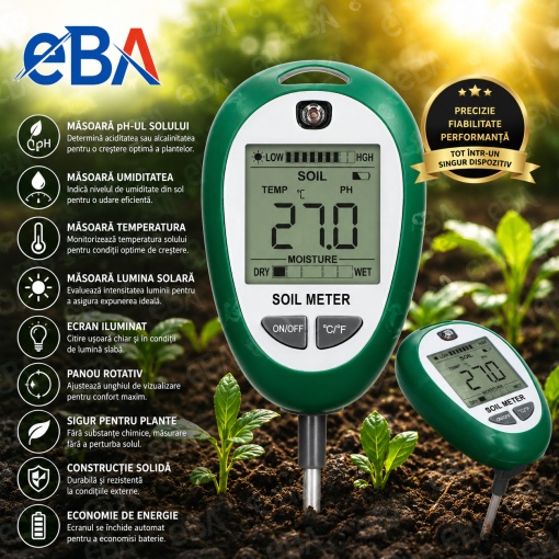 Tester Sol Digital 4 in 1 cu ecran LCD iluminat, Masurare pH Sol, Umiditate, Temperatura si Lumina, Sonda 304 mm, Rotire 180°, pentru Gradina, Ghivece, Rasaduri si Plante de Interior - Img 3