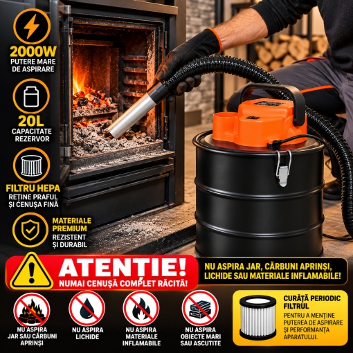 Aspirator de Cenusa 2000W, Rezervor Metalic 20L, Filtru HEPA, Aspirare Puternica ≥15.5 kPa, Duza Aluminiu, pentru Seminee si Sobe - Img 4