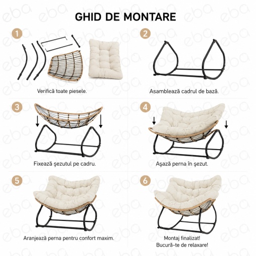 Balansoar de Gradina cu Perna Confortabila, Scaun Balansoar Tip Cuib pentru Relaxare, Terasa, Balcon, Living si Dormitor, Cadru Metalic Stabil, Technoratan Premium, Crem/Negru - Img 4