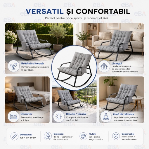 Balansoar Dublu cu Perna pentru Gradina, Terasa si Living, Cadru Metalic Stabil, Design Ergonomic, Confort Premium, 126 x 91 x 69 cm, Gri/Negru - Img 9