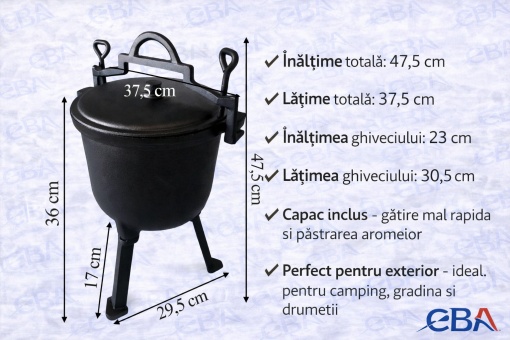 Ceaun fontă 10L EBA, cu capac și 3 picioare, rezistent la temperaturi extreme, pentru gătit la foc deschis - Img 5