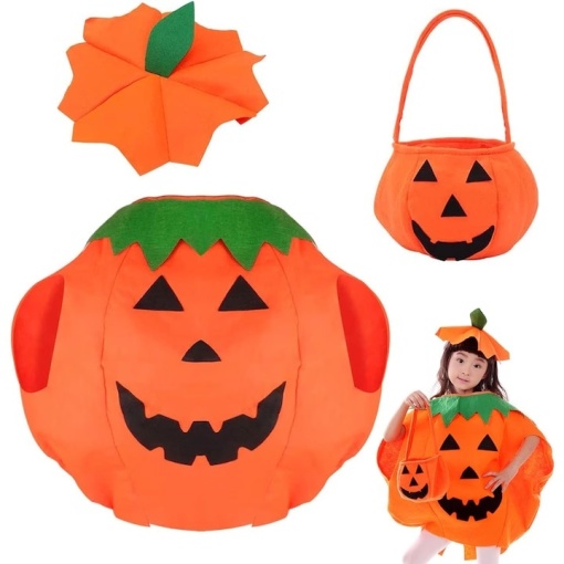 Costum de Halloween pentru Copii, EBA, Costum dovleac, palarie si sac de bomboane, Portocaliu - Img 4