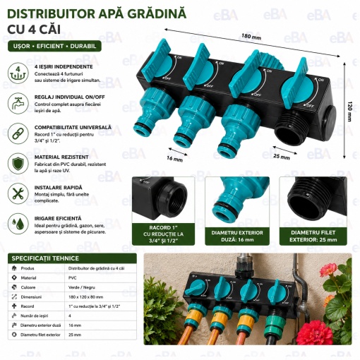 Distribuitor Robinet Gradina 4 Cai cu Supape Individuale ON/OFF, Distribuitor Furtun Apa 1” cu Adaptoare 3/4” si 1/2”, PVC Rezistent pentru Irigatii, Aspersoare si Sisteme de Udare - Img 5