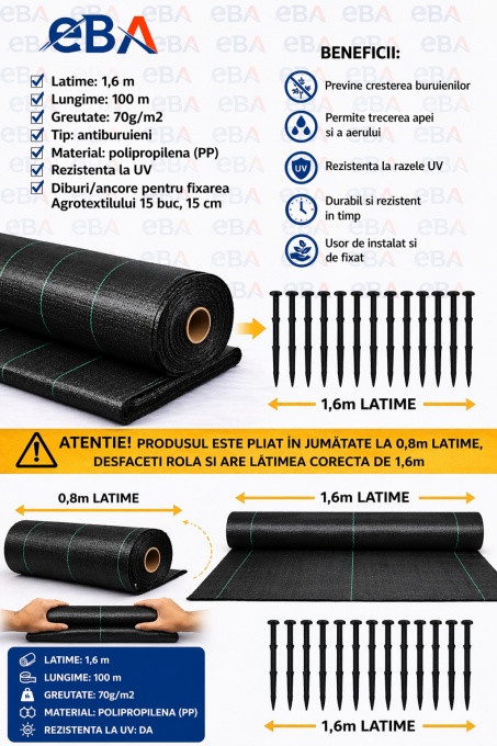 Folie Agrotextil antiburuieni 1.6m x 100m, negru, 70 g/m2, rezistent UV + set 15 ancore fixare 15 cm - Img 2
