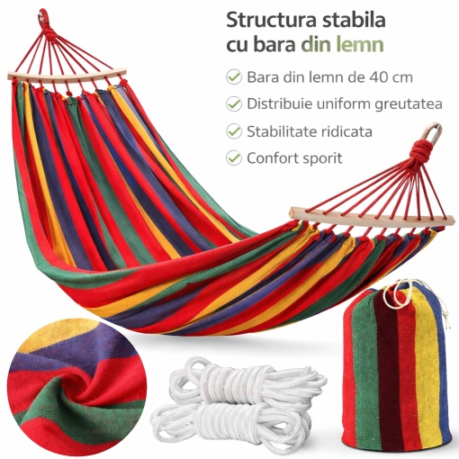 Hamac De Gradina 2 Persoane, eBA®, XXL 250x150 Cm, 200 Kg, Bare Lemn, Material Rezistent, Cu Husa, Usor De Montat, Ideal Pentru Curte, Camping, Balcon, Interior Si Exterior, Multicolor - Img 8