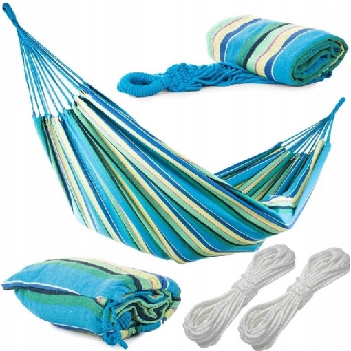 Hamac Dublu, De Gardina 200 x 150 cm EBA, cu sistem de prindere si sac de depozitare, bumbac, 200 kg, Albastru - Verde - Img 2