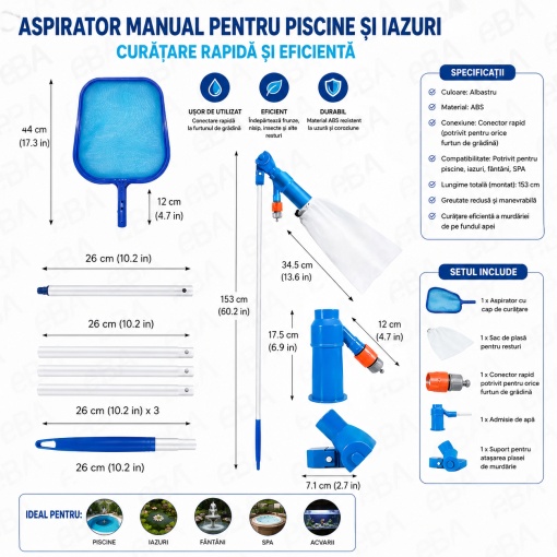 Kit Curatare Fund Piscina cu Aspirator Manual, Sac Filtrare Reutilizabil si Tija 120 cm, Aspirator pentru Piscine Gonflabile, Cadru, SPA si Jacuzzi, Conectare la Furtun de Gradina, Fara Electricitate - Img 3