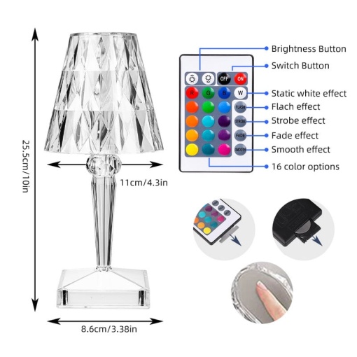 Lampa ambientala led EBA, crystal diamond cu senzor tactil si telecomanda, 16 nuante de lumina, reincarcabila usb - Img 3
