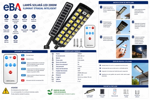 Lampa Solara LED 2000W 53 cm eBA® cu Panou Solar, 600 LED-uri, Telecomanda, Senzor Miscare si Crepuscul, IP65, Iluminat Stradal Exterior, 6500K, pentru Curte, Gradina, Strada, Parcare, Alb Rece - Img 2