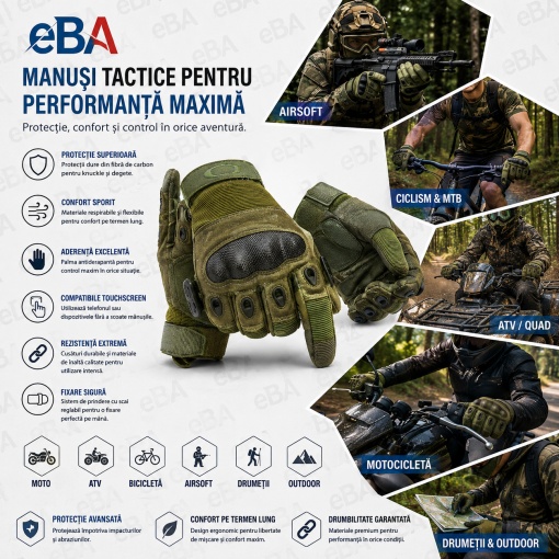 Manusi tactice moto si airsoft eBA XL, verde masliniu, protectii fibra carbon, touchscreen, antiderapante, pentru ATV, bicicleta MTB, enduro, vanatoare, drumetii si outdoor - Img 2