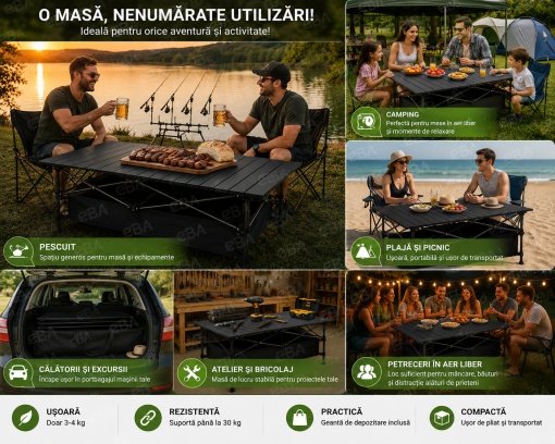 Masa Camping Pliabila Aluminiu Premium 95x55x50 cm, Portabila cu Geanta Transport, Rezistenta la Apa, Stabila si Usoara, pentru Pescuit, Picnic, Gradina, Plaja si Camping - Img 5