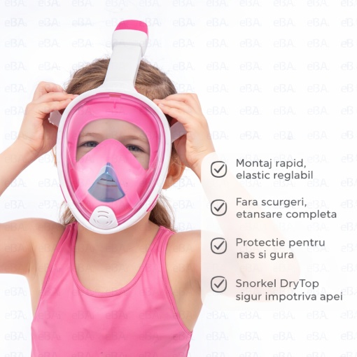 Masca snorkeling copii fata completa S/M, vizor panoramic 180°, sistem DryTop anti-inundare, anti-aburire, snorkel pliabil, pentru piscina si mare, roz alb - Img 2