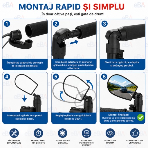 Oglinda Retrovizoare Bicicleta 360° pentru Ghidon, Universala, Oglinda Convexa MTB, E-Bike si Trotineta, Montaj Rapid - Img 5