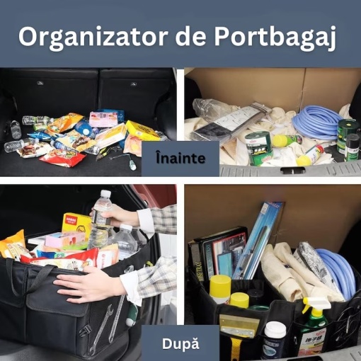 Organizator Portbagaj Auto EBA, 3 Compartimente Depozitare, Pliabil, Poliester, Manere Transport, 52 x 37 x 25.5 cm, Negru - Img 2