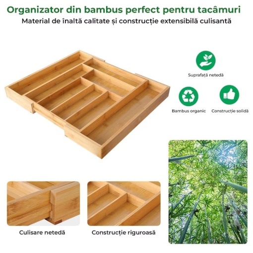 Organizator Premium din Bambus EBA, pentru Tacamuri si Ustensile pentru Bucatarie, 8 compartimente extensibile intre 33-55 cm - Img 4