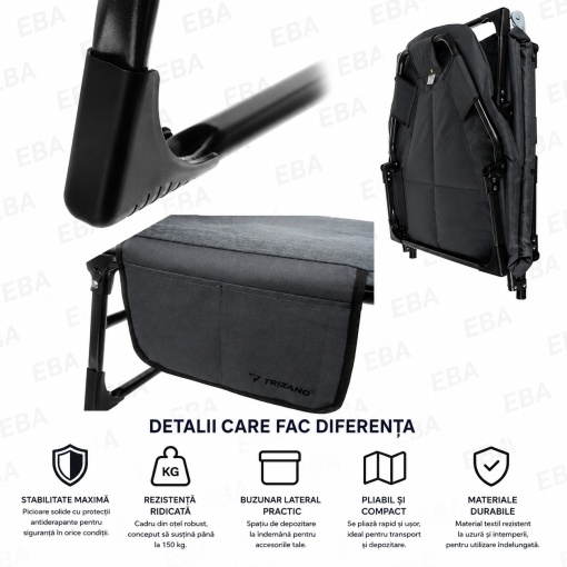 Pat Pliabil Camping si Pescuit 200x65 cm, Tetiera Confortabila, Saltea Captusita, Cadru Metalic 150 kg, Pat Portabil pentru Cort, Gradina si Relaxare - Img 4
