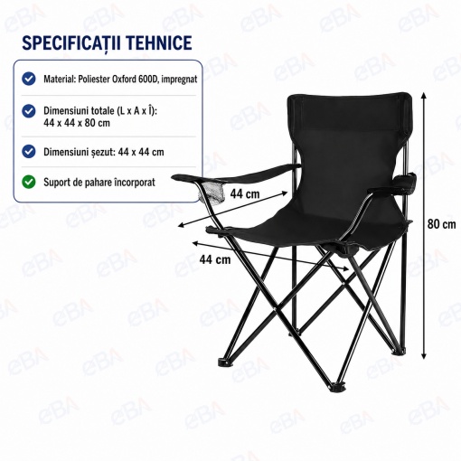 Scaun Pliabil pentru Camping, Pescuit si Plaja, Oxford 600D Impermeabil, Cadru din Otel, Suport Pahar, Cotiere Reglabile, Husa Transport, 44x44x80 cm, Negru - Img 2