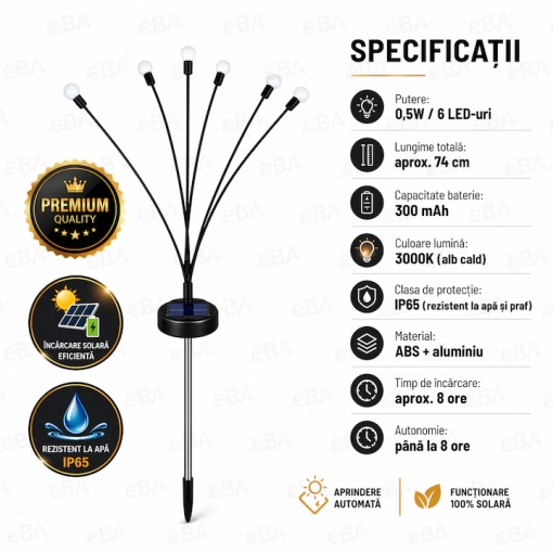Set 2x Lampi Solare Gradina EBA Tip Licurici, 6 LED, Lumina Calda 3000K, 74cm, IP65 - Img 2