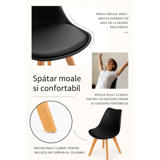 Set 4 Scaune EBA pentru Living si Bucatarie, Negru, 84 x 49 x 46 cm, Picioare din Lemn Masiv, Design Modern - Img 4