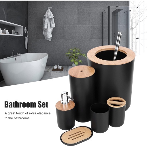 Set Accesorii Baie Premium Bambus EBA, 6 Piese, Cos Gunoi, Dozator Sapun, Pahar Periuta, Savoniera, Perie WC, Pahar, Negru - Img 3