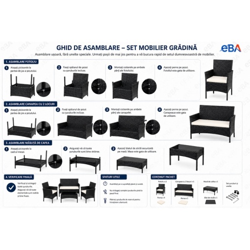 Set Mobilier Gradina Technoratan Premium, 4 Piese pentru Terasa Balcon si Gradina, Canapea + Fotolii + Masa cu Sticla Securizata, Perne Groase Impermeabile, Negru - Img 5