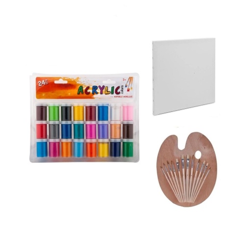Set pictura format din Panza Canvas 18 x 25 cm, Paleta si 12 pensule pictura, Acuarele acrilice, 24 buc, EBA - Img 2