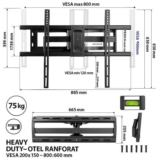 Suport TV de Perete, EBA, Heavy Duty, Otel, Inclinare + Rotire, 42-100", Negru - Img 4