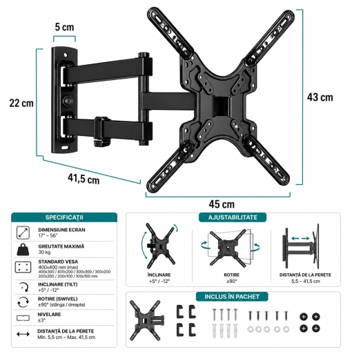 Suport TV Extensibil Profesional 17-56 Inch, Reglabil si Rotativ 180°, VESA 400x400, Otel Ranforsat, Suporta 30 Kg, Inclinare -15°/+5°, Brat Articulat pentru Samsung LG Sony Philips TCL - Img 4