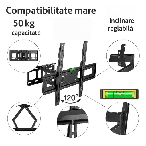 Suport TV perete reglabil 32-85" EBA Heavy Duty, Otel ranforsat 50 kg, VESA 100 x 100-600 x 400, Rotire 120 grade &amp; Inclinare - Img 4