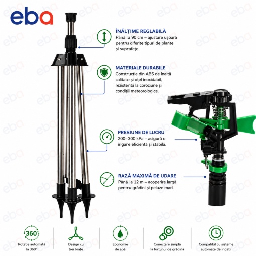 Aspersor Rotativ Gradina cu 3 Brate pe Trepied, 90 cm, Udare 360°, Raza pana la 12 m, Reglabil pe Inaltime, ABS + Otel Inoxidabil, Sistem Irigare pentru Gazon, Flori si Legume - Img 4