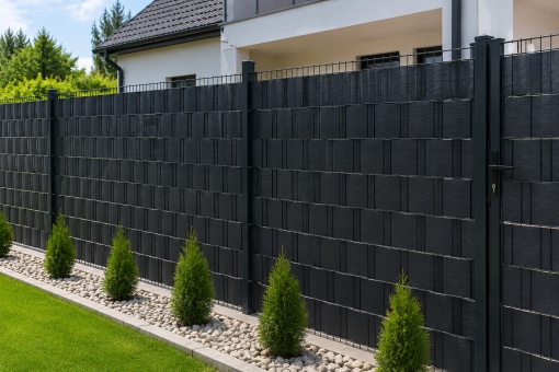 Bandă Gard PVC Premium 19 cm x 35 m, 450 g/m², Neagră, Protecție Intimitate, Rezistentă UV și Intemperii, pentru Garduri Panou, Balcoane și Terase, 20 Cleme Incluse - Img 4
