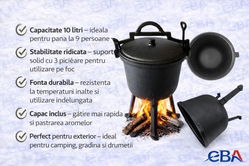 Ceaun fontă 10L EBA, cu capac și 3 picioare, rezistent la temperaturi extreme, pentru gătit la foc deschis - Img 2