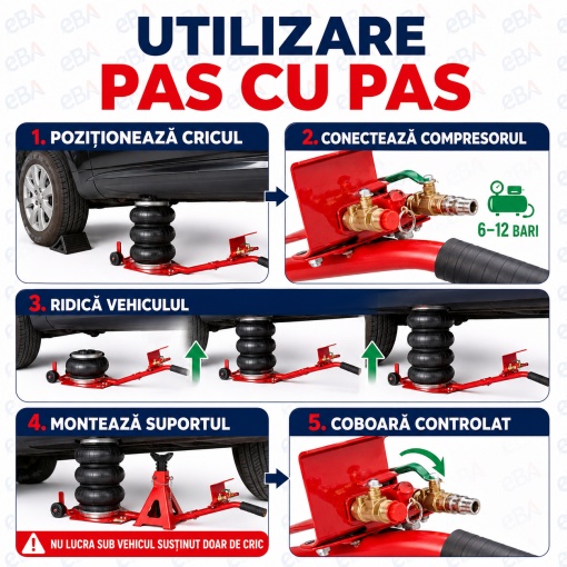 Cric pneumatic auto EBA 3,5 tone, tip Snowman cu 3 perne, ridicare 15-40 cm, 6-12 bari, pentru autoturisme, SUV-uri si autoutilitare - Img 4