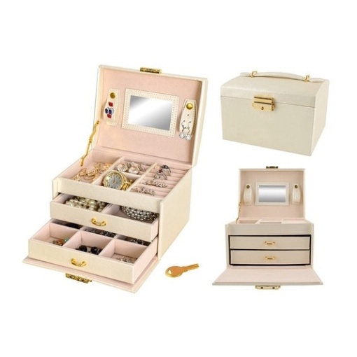 Cutie Bijuterii EBA, calitate premium, pentru Ceasuri sau Accesorii, 20 de Compartimente, Oglinda si Inchidere cu Cheie, Bej - Img 3