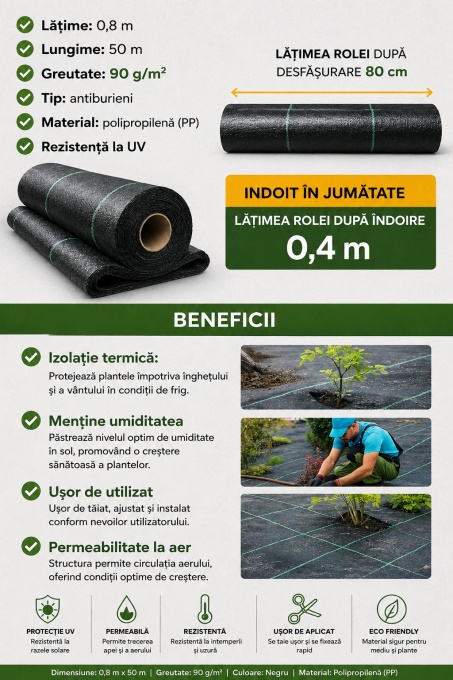 Folie Agrotextil 0.8m x 50m, 90g/m² Antiburuieni, Mulcire, Filtru UV, Negru – Ideal pentru Gradina &amp; Sere - Img 3