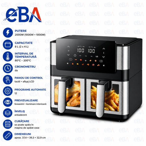 Friteuza cu Aer Cald Dual Zone 8L (2x4L), 2000W, 12 Programe Automate, Panou Tactil LCD, Ferestre Iluminate, Air Fryer Fara Ulei, Functie 6 in 1, Temperatura 80-200°C, Cosuri Antiaderente, Negru/Inox - Img 2