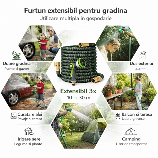 Furtun gradina extensibil 10-30 m cu pistol 10 moduri, furtun latex ranforsat, conectori alama 1/2" 3/4", adaptor robinet - Img 6