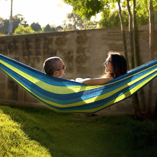 Hamac gradina dublu XXL 250x150 cm cu bara din lemn, bumbac ranforsat, capacitate 200 kg, hamac pentru terasa, balcon, camping si relaxare exterior - Img 6