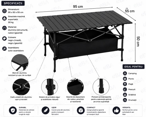 Masa Camping Pliabila Aluminiu Premium 95x55x50 cm, Portabila cu Geanta Transport, Rezistenta la Apa, Stabila si Usoara, pentru Pescuit, Picnic, Gradina, Plaja si Camping - Img 2