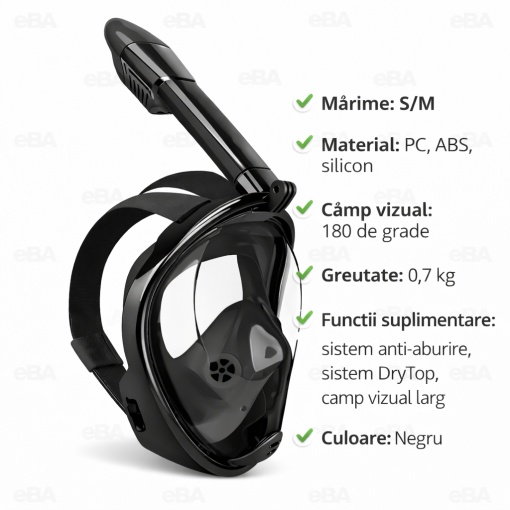 Masca snorkeling full face copii si adolescenti, vizor 180°, anti aburire, snorkel DryTop, respiratie nas si gura, masca scufundari snorkeling cu husa transport - Img 7