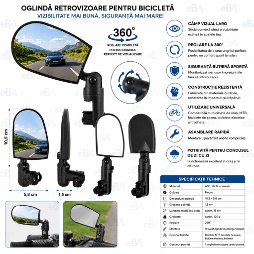Oglinda Retrovizoare Bicicleta 360° pentru Ghidon, Universala, Oglinda Convexa MTB, E-Bike si Trotineta, Montaj Rapid - Img 2