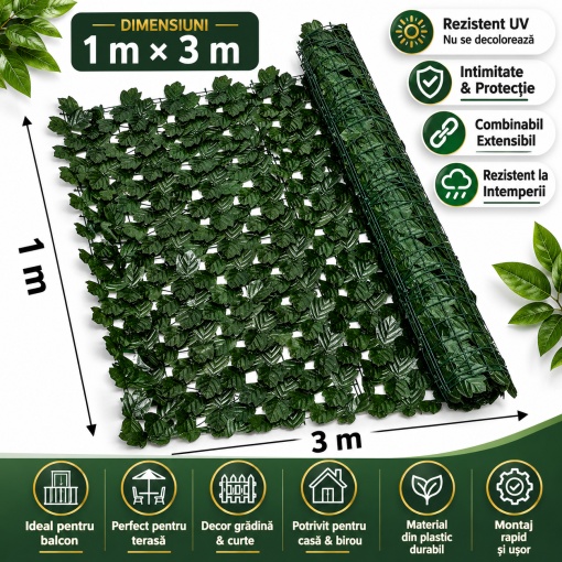 Panou Gard Artificial Extensibil cu Frunze Verzi, 100x300 cm, Protectie Intimitate Balcon si Gradina, Paravan Decorativ Exterior UV, Gard Viu Artificial Premium - Img 2