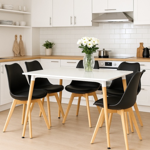 Set Masa Dining si 4 Scaune Ergonomice Negre EBA, Design Scandinav, Blat Alb si Structura Lemn Deschis - Img 3