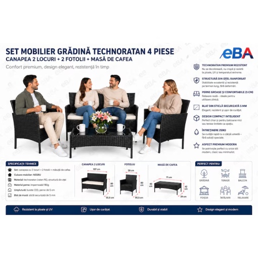 Set Mobilier Gradina Technoratan Premium, 4 Piese pentru Terasa Balcon si Gradina, Canapea + Fotolii + Masa cu Sticla Securizata, Perne Groase Impermeabile, Negru - Img 2